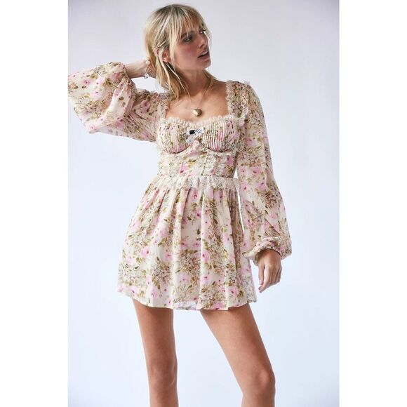 New Free People For Love & Lemons Emmaline Corset Lace Ruffles Mini Dress Sz M - Picture 2 of 9
